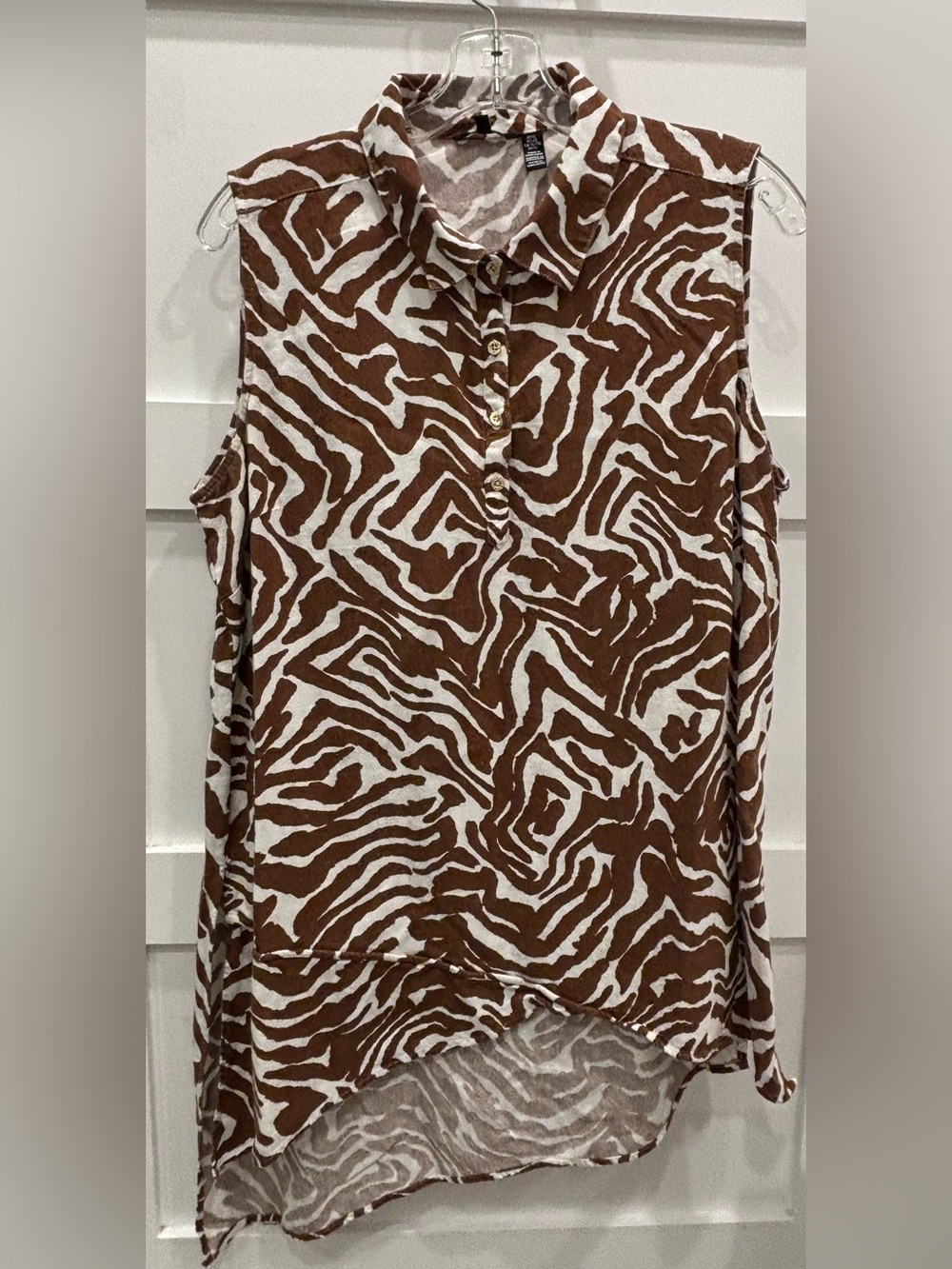 Ellen Tracy Brown and White Linen Sleeveless Zebra Print Collared Tunic